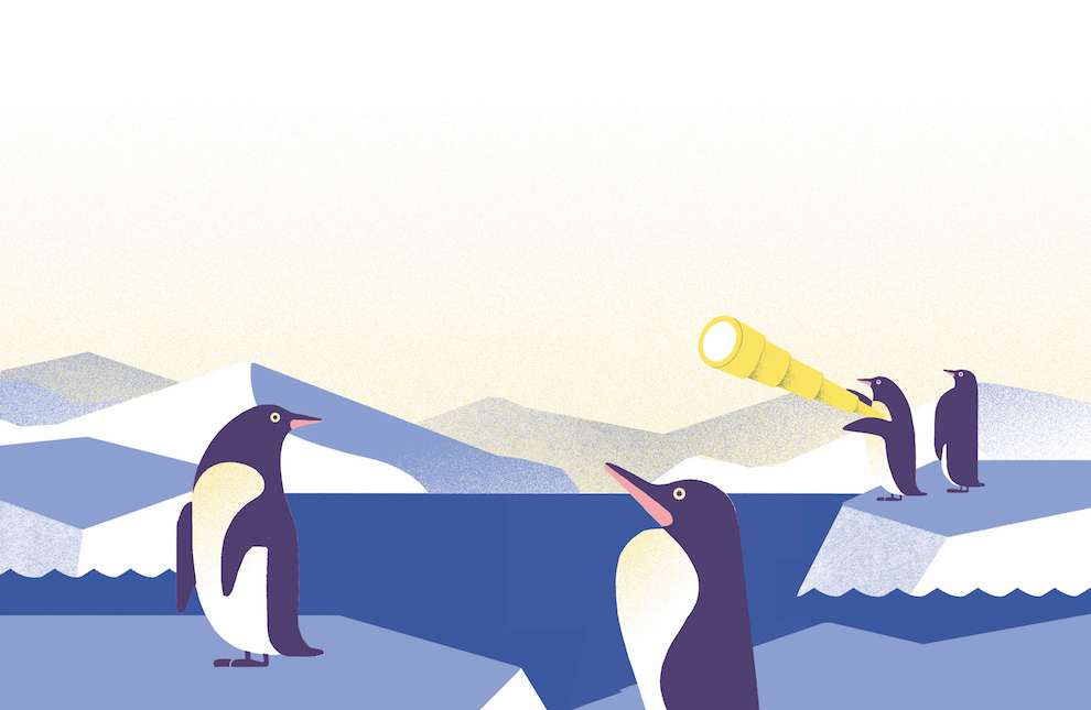 Tatiana Boyko, Digital illustration of 3 penguins in the artic looking through a telescope. 